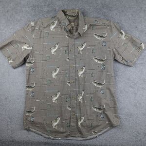 Woolrich Shirt Men L Brown Fishing Lure AOP Short Sleeve Button All Over Print